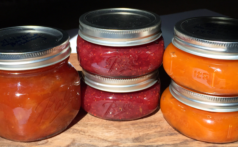 From left to right: Ruby Grapefruit and Rosemary Marmalade, Honey Strawberry Jam, Apricot Butter